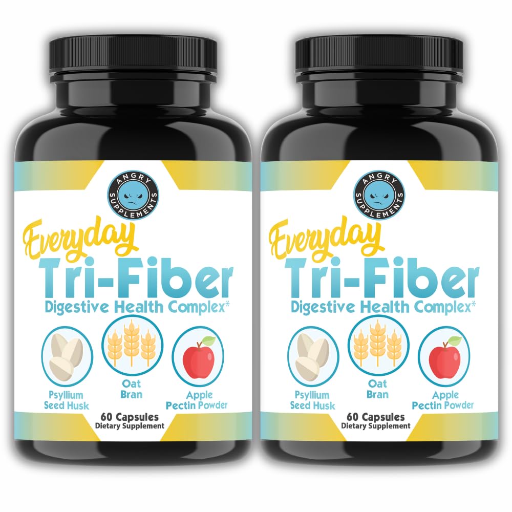 Angry Supplements Tri-Fiber Digestive Health Complex – Psyllium Husk, Oat Bran & Apple Pectin – Prebiotic Fiber for Gut Health & Regularity – 60 Capsules (2-Bottles) - dailyvitalstore