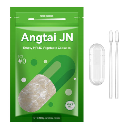 Angtai JN Size 0 Capsules Empty Vegan Plant Based Clear (100 Count) Gluten Free, Non-GMO, Halal Certified Pill Caps Filling Kit with 2 Spoons for Vegetarian DIY Your Own Supplements - dailyvitalstore