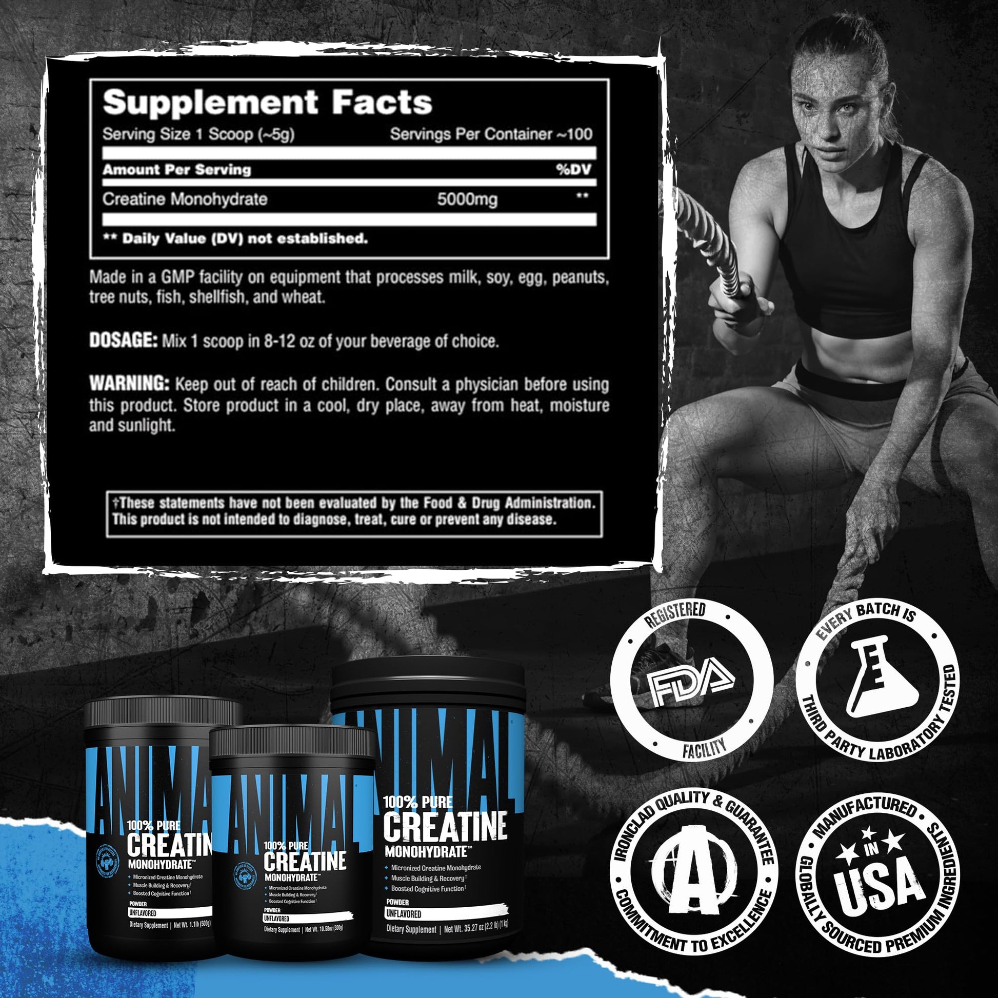Animal Creatine Monohydrate Powder - Micronized Creatine for Women and Men, Supports Muscle Growth, Strength, Endurance, Recovery and ATP Production, - dailyvitalstore