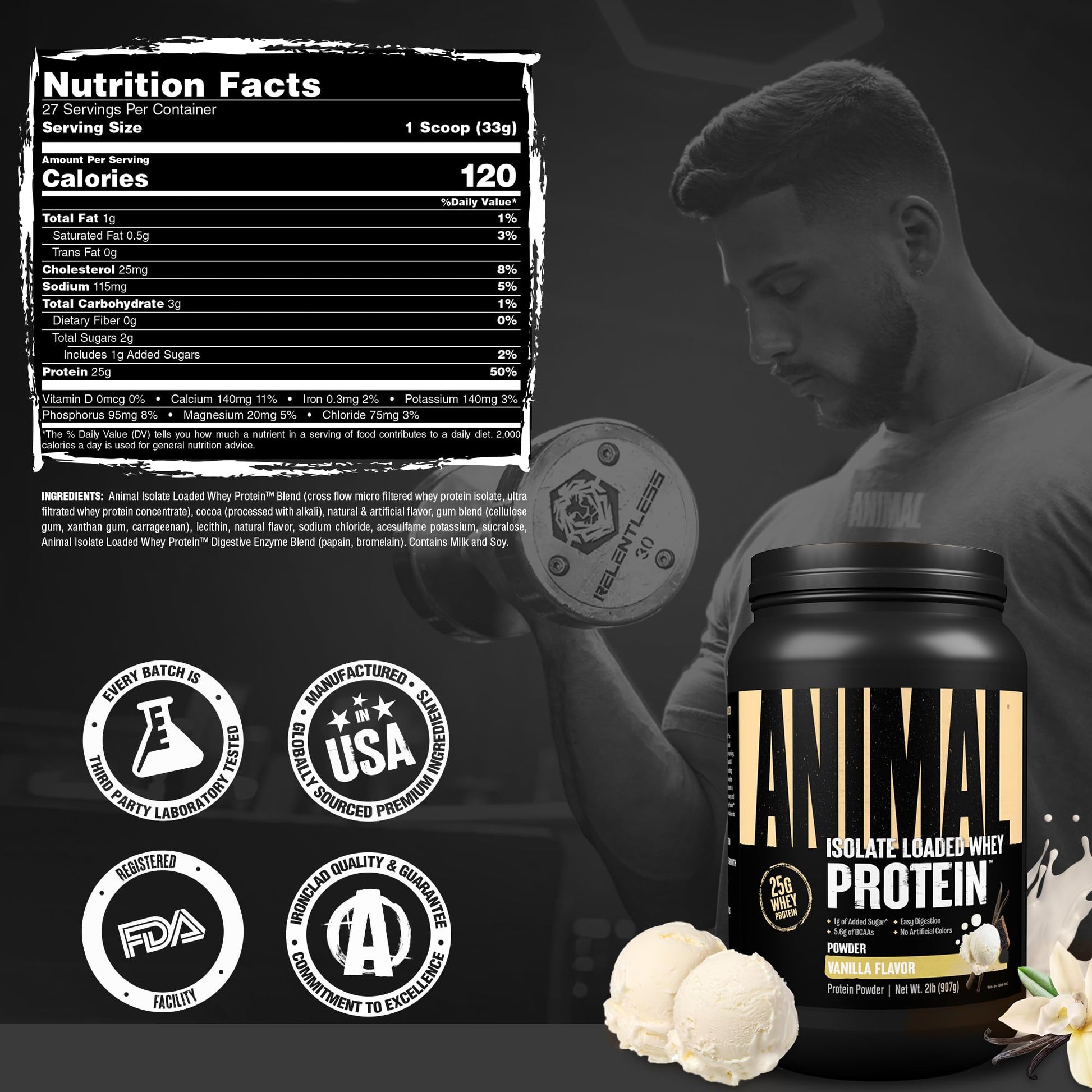Animal Whey Isolate Protein Powder - Loaded for Pre & Post Workout Muscle Builder and Recovery with Digestive Enzymes for Men & Women - 25g Protein, Great Taste, Low Sugar - Vanilla 2 lbs - dailyvitalstore