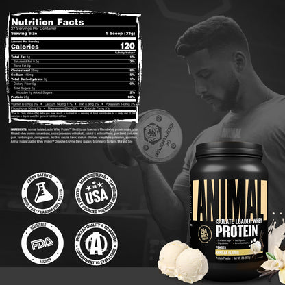 Animal Whey Isolate Protein Powder - Loaded for Pre & Post Workout Muscle Builder and Recovery with Digestive Enzymes for Men & Women - 25g Protein, Great Taste, Low Sugar - Vanilla 2 lbs - dailyvitalstore