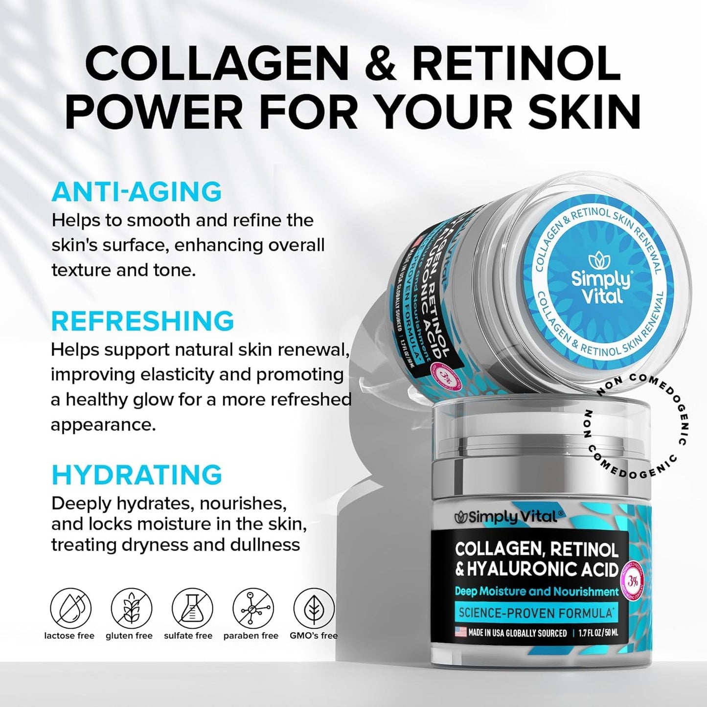 Anti-Aging Face Moisturizer with Retinol, Collagen & Hyaluronic Acid - Made in USA - Moisturizer Face Cream for Women & Men - Firming & Hydrating Neck Cream - Day & Night Skin Care - 1.7 fl oz - dailyvitalstore