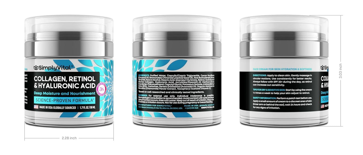 Anti-Aging Face Moisturizer with Retinol, Collagen & Hyaluronic Acid - Made in USA - Moisturizer Face Cream for Women & Men - Firming & Hydrating Neck Cream - Day & Night Skin Care - 1.7 fl oz - dailyvitalstore