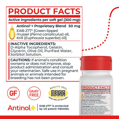 Antinol Plus, Mobility, Hip, and Joint Supplement for Cats, Green-Lipped Mussels and Krill Oil - Cat Joint Supplement, 60 Soft Gels - dailyvitalstore