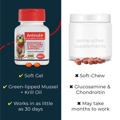 Antinol Plus, Mobility, Hip, and Joint Supplement for Dogs, Green-Lipped Mussels and Krill Oil - Dog Joint Supplement, Better and Faster Than Glucosamine and Chondroitin, 120 Soft Gels - dailyvitalstore