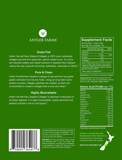 Antler Farms - 100% Pure New Zealand Collagen Powder from Grass Fed Cows, Unflavored, 1 lb - Hydrolyzed Cold Water Soluble Peptides, Keto Friendly, Bioavailable, Quick Dissolving - dailyvitalstore