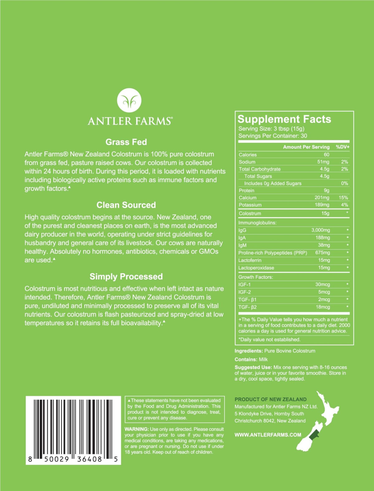 Antler Farms 100% Pure New Zealand Colostrum, 30 Servings, 1 lb - Grass Fed, Pasture Raised, Clean Sourced, Cold Processed, - dailyvitalstore