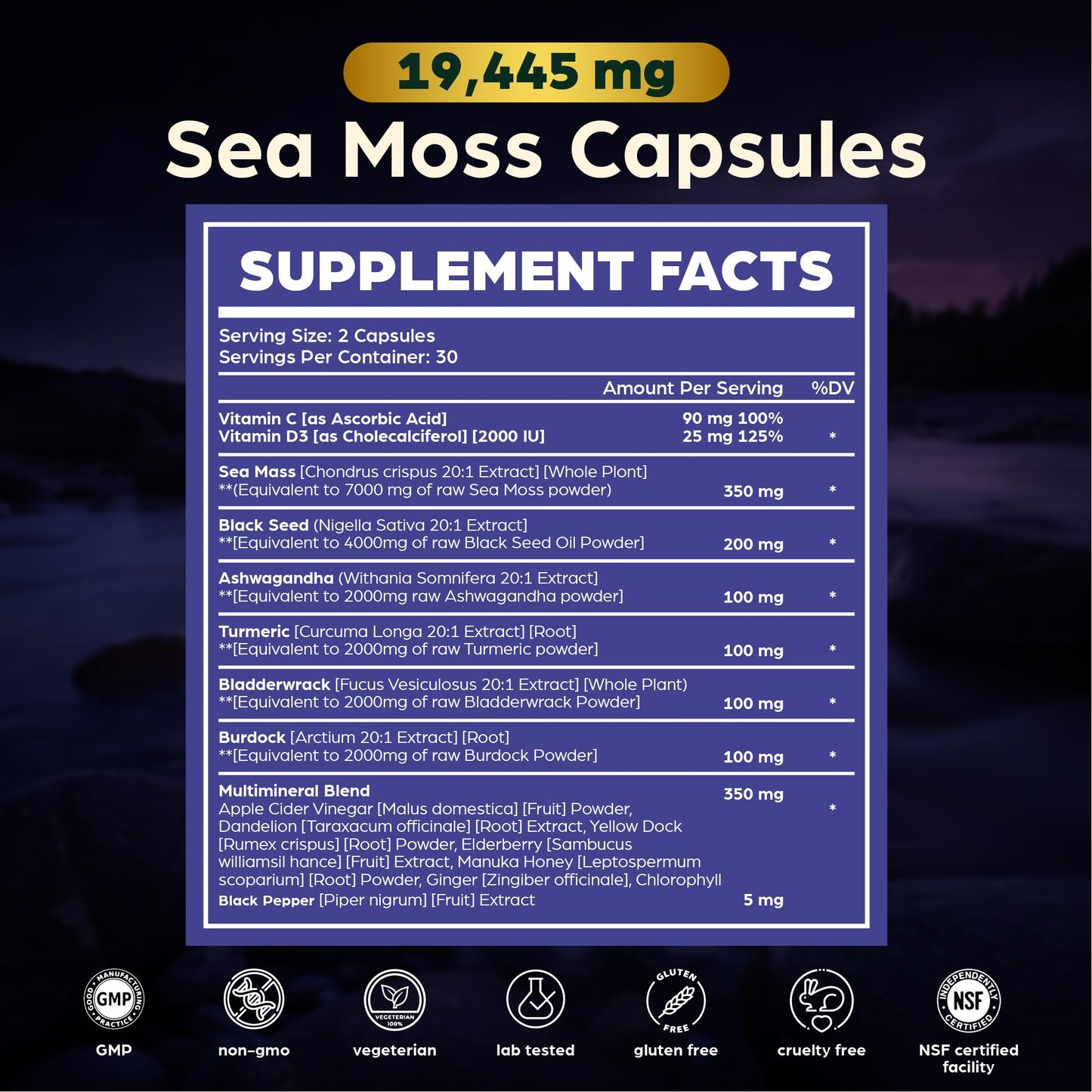 Anuva 16-in-1 Sea Moss Capsules | Black Seed Oil, Ashwagandha, with Vitamin C, D3, Turmeric, Burdock, Bladderwrack & Multi-Minerals | Immune, Skin, Joint & Energy Support | 60 Veggie Capsules - dailyvitalstore