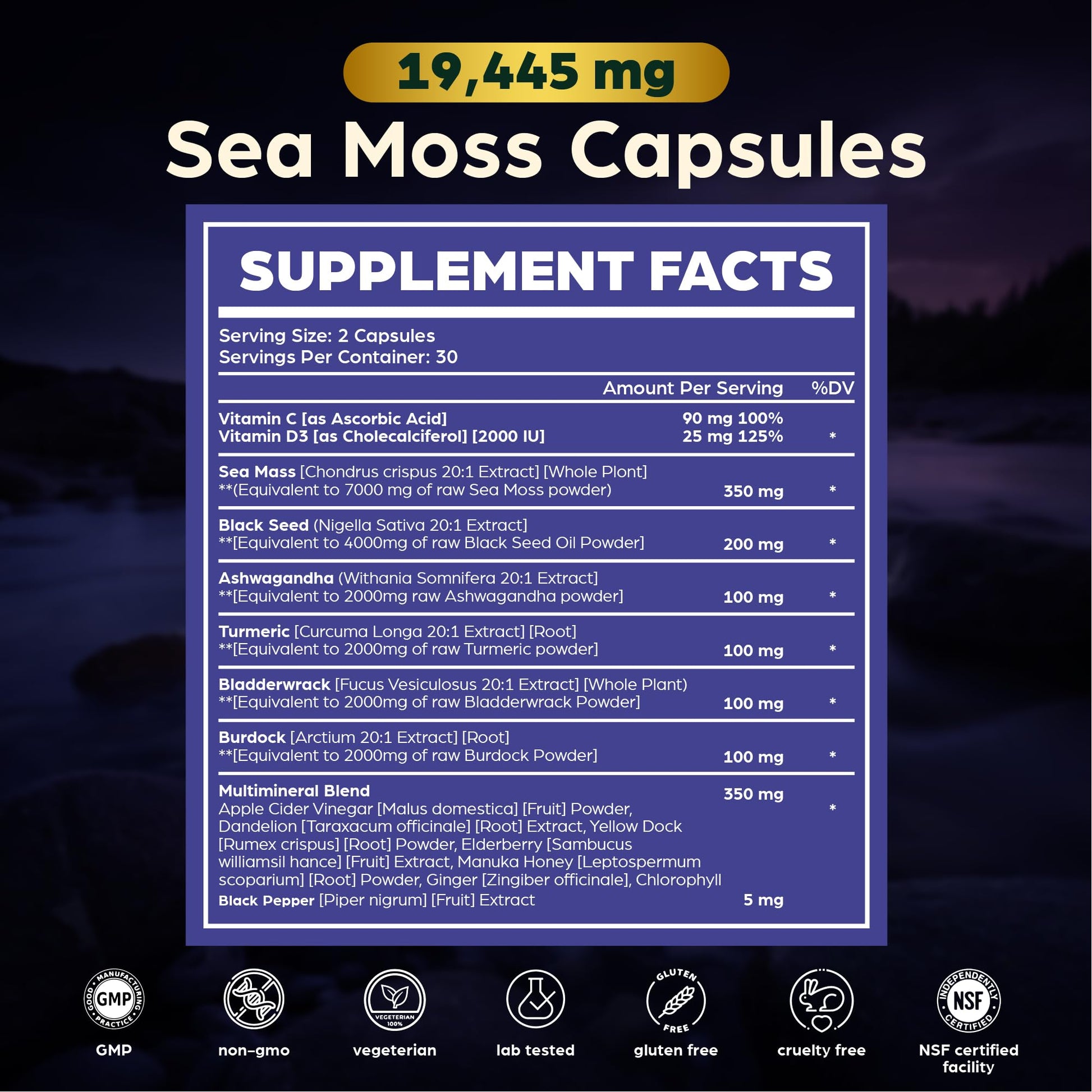 Anuva 16-in-1 Sea Moss Capsules | Black Seed Oil, Ashwagandha, with Vitamin C, D3, Turmeric, Burdock, Bladderwrack & Multi-Minerals | Immune, Skin, Joint & Energy Support | 60 Veggie Capsules - dailyvitalstore