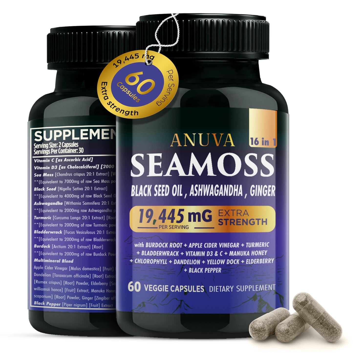 Anuva 16-in-1 Sea Moss Capsules | Black Seed Oil, Ashwagandha, with Vitamin C, D3, Turmeric, Burdock, Bladderwrack & Multi-Minerals | Immune, Skin, Joint & Energy Support | 60 Veggie Capsules - dailyvitalstore