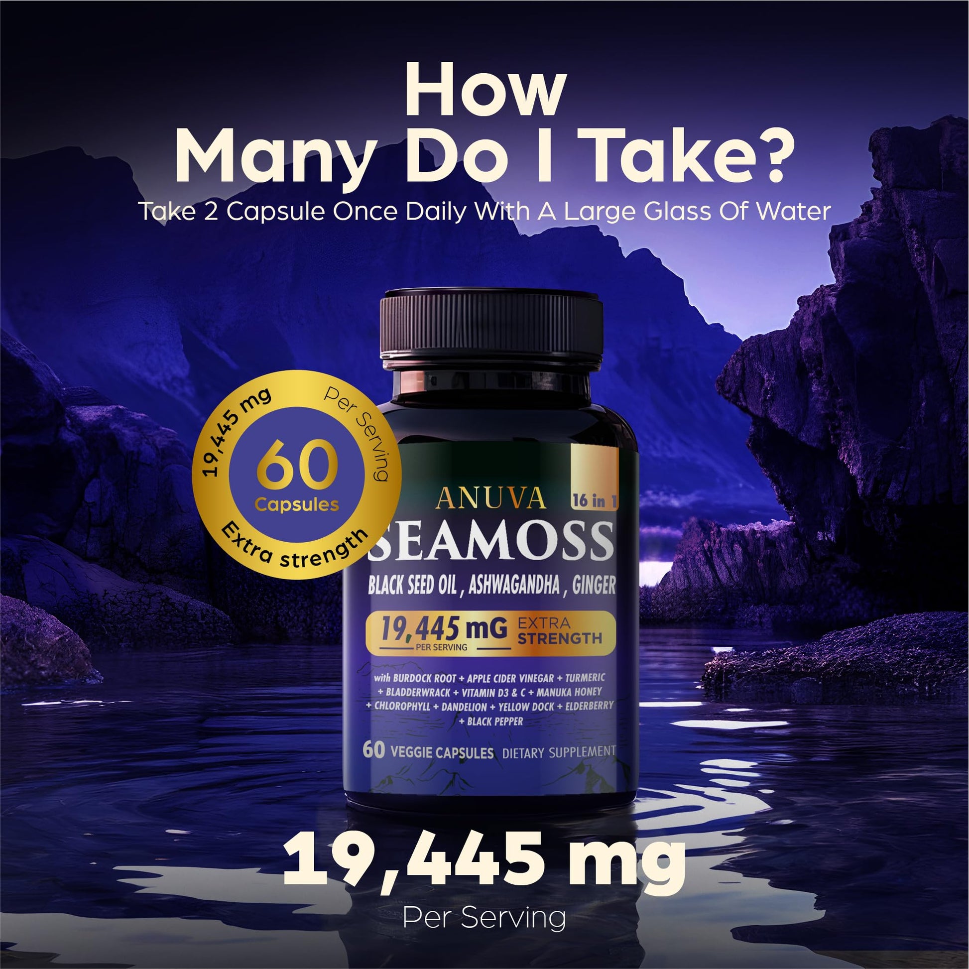 Anuva 16-in-1 Sea Moss Capsules | Black Seed Oil, Ashwagandha, with Vitamin C, D3, Turmeric, Burdock, Bladderwrack & Multi-Minerals | Immune, Skin, Joint & Energy Support | 60 Veggie Capsules - dailyvitalstore