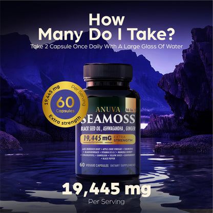 Anuva 16-in-1 Sea Moss Capsules | Black Seed Oil, Ashwagandha, with Vitamin C, D3, Turmeric, Burdock, Bladderwrack & Multi-Minerals | Immune, Skin, Joint & Energy Support | 60 Veggie Capsules - dailyvitalstore