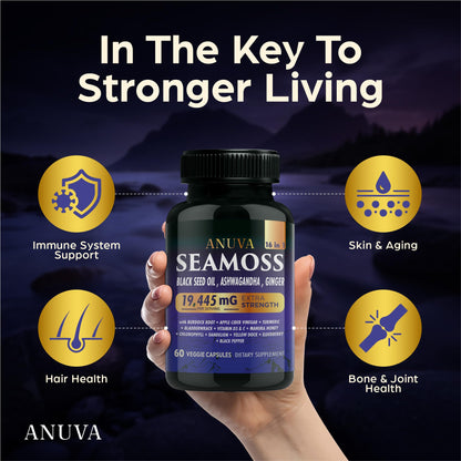 Anuva 16-in-1 Sea Moss Capsules | Black Seed Oil, Ashwagandha, with Vitamin C, D3, Turmeric, Burdock, Bladderwrack & Multi-Minerals | Immune, Skin, Joint & Energy Support | 60 Veggie Capsules - dailyvitalstore