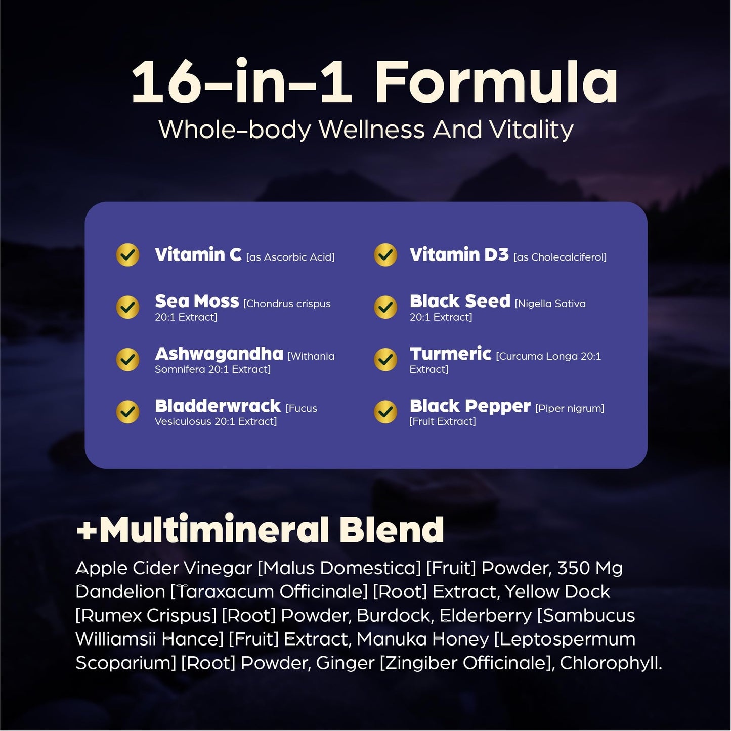 Anuva 16-in-1 Sea Moss Capsules | Black Seed Oil, Ashwagandha, with Vitamin C, D3, Turmeric, Burdock, Bladderwrack & Multi-Minerals | Immune, Skin, Joint & Energy Support | 60 Veggie Capsules - dailyvitalstore