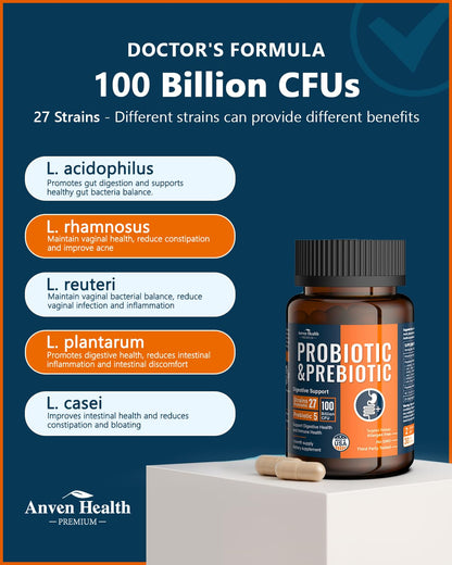 Anven Health 100 Billion Probiotics for Men and Women 27 Strains 5 Organic Prebiotics for Gut Digestive & Immune Health, Supports Diarrhea Gas Bloating - dailyvitalstore
