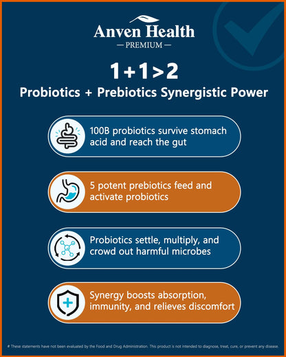 Anven Health 100 Billion Probiotics for Men and Women 27 Strains 5 Organic Prebiotics for Gut Digestive & Immune Health, Supports Diarrhea Gas Bloating - dailyvitalstore
