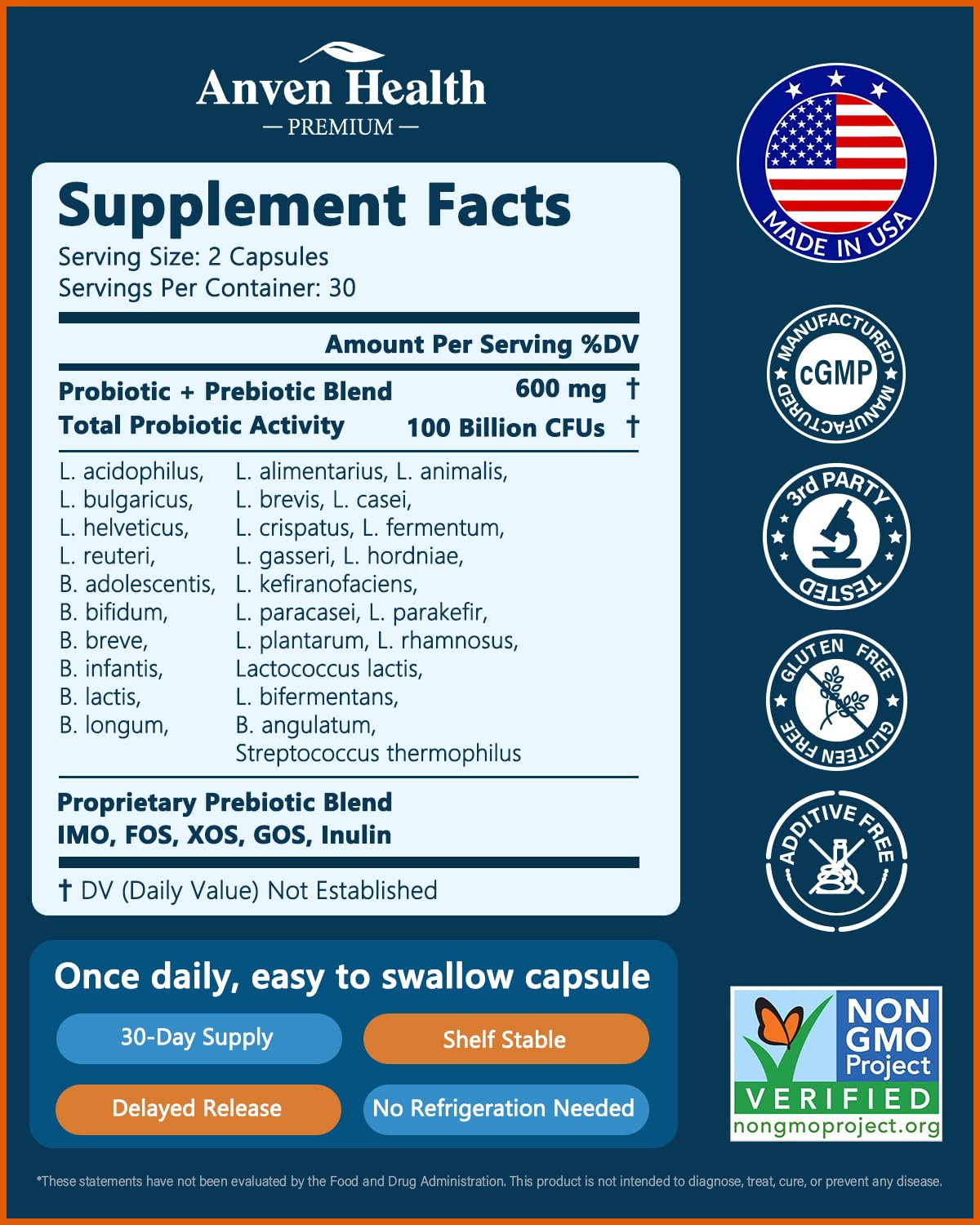 Anven Health 100 Billion Probiotics for Men and Women 27 Strains 5 Organic Prebiotics for Gut Digestive & Immune Health, Supports Diarrhea Gas Bloating, - dailyvitalstore