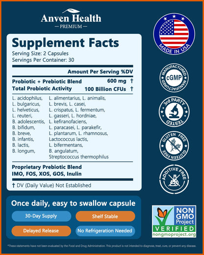 Anven Health 100 Billion Probiotics for Men and Women 27 Strains 5 Organic Prebiotics for Gut Digestive & Immune Health, Supports Diarrhea Gas Bloating, - dailyvitalstore