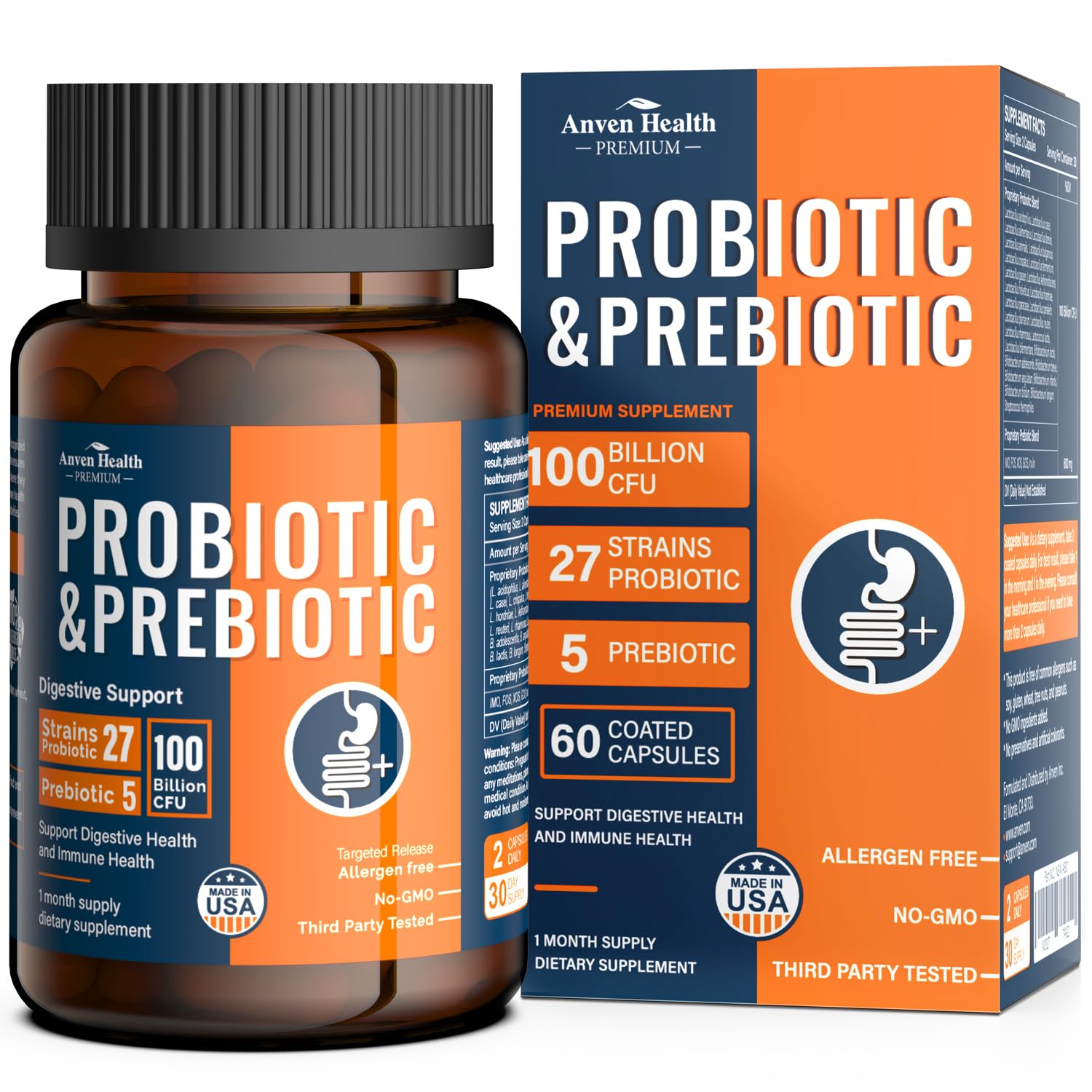 Anven Health 100 Billion Probiotics for Men and Women 27 Strains 5 Organic Prebiotics for Gut Digestive & Immune Health, Supports Diarrhea Gas Bloating, - dailyvitalstore