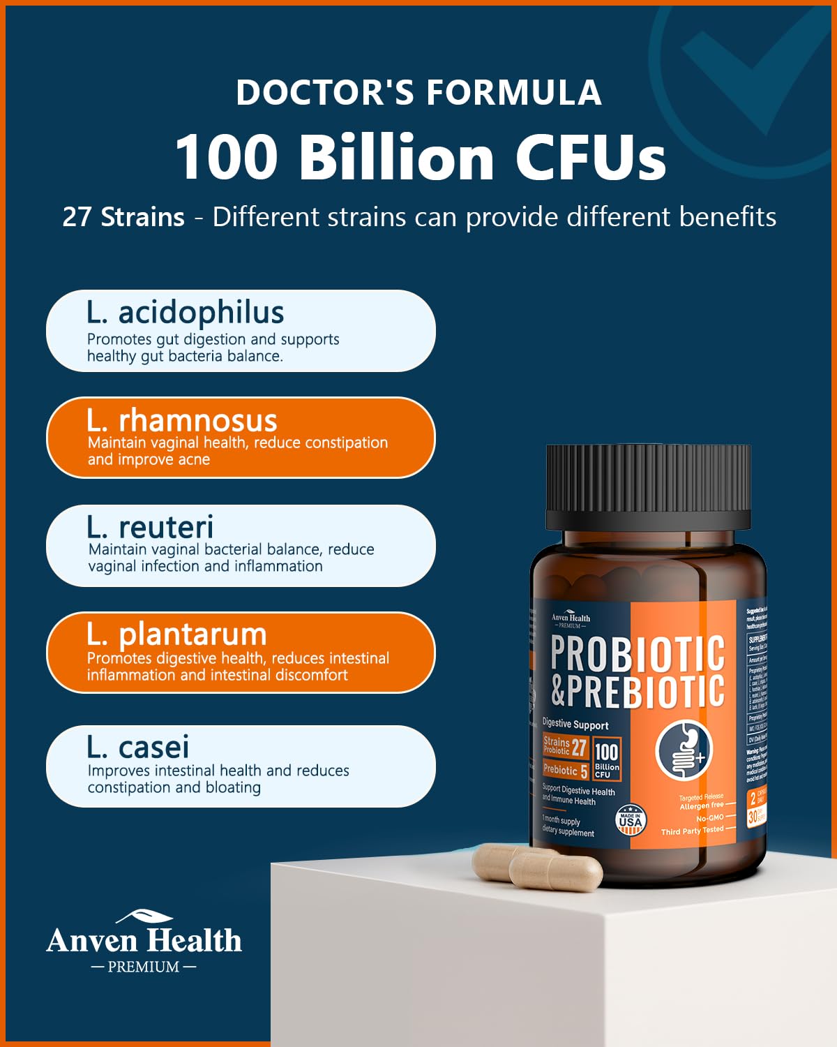 Anven Health 100 Billion Probiotics for Men and Women 27 Strains 5 Organic Prebiotics for Gut Digestive & Immune Health, Supports Diarrhea Gas Bloating, - dailyvitalstore