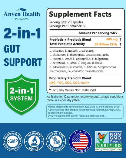 Anven Health 60 Billion Probiotic and Prebiotic for Women and Men - 19 Strains 5 Organic Prebiotics for Gut Digestive & Immune Health, Supports Diarrhea Gas Bloating, Non-GMO – Made in USA丨60 Caps - dailyvitalstore