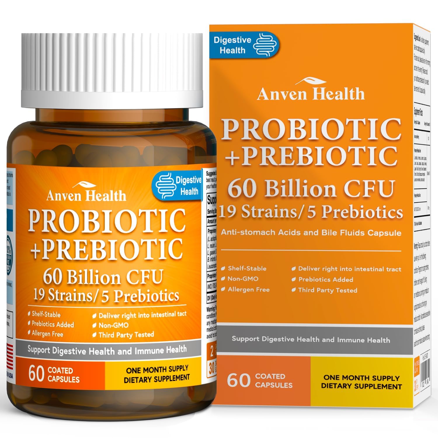 Anven Health 60 Billion Probiotic and Prebiotic for Women and Men - 19 Strains 5 Organic Prebiotics for Gut Digestive & Immune Health, Supports Diarrhea Gas Bloating, Non-GMO – Made in USA丨60 Caps - dailyvitalstore