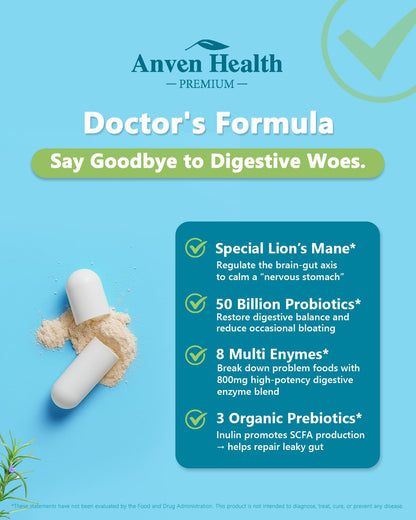 Anven Health 800mg Digestive Enzymes for Men and Women with Probiotics & Prebiotics, 8 Key Enzymes, Protease, Amylase & Lipase | 270 Capsules - A 90-Day Supply - dailyvitalstore