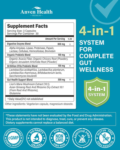 Anven Health 800mg Digestive Enzymes for Men and Women with Probiotics & Prebiotics, 8 Key Enzymes, Protease, Amylase & Lipase | 270 Capsules - A 90-Day Supply - dailyvitalstore