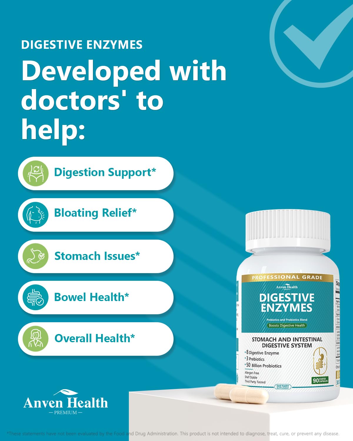 Anven Health 800mg Digestive Enzymes for Men and Women with Probiotics & Prebiotics, 8 Key Enzymes, Protease, Amylase & Lipase | 270 Capsules - A 90-Day Supply - dailyvitalstore