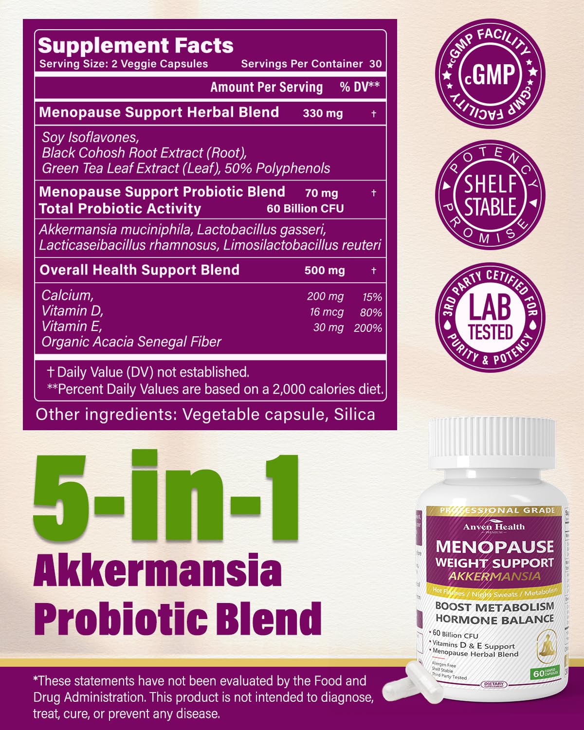 Anven Health Menopause Supplements for Women 60 Billion with Akkermansia Probiotic & Prebiotic, Vitamin D & E for Hormone Balance, Metabolism, Gut Health, Hot Flashes - Non-GMO | 120 Caps - dailyvitalstore