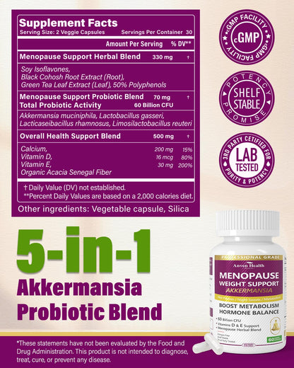 Anven Health Menopause Supplements for Women 60 Billion with Akkermansia Probiotic & Prebiotic, Vitamin D & E for Hormone Balance, Metabolism, Gut Health, Hot Flashes - Non-GMO | 120 Caps - dailyvitalstore