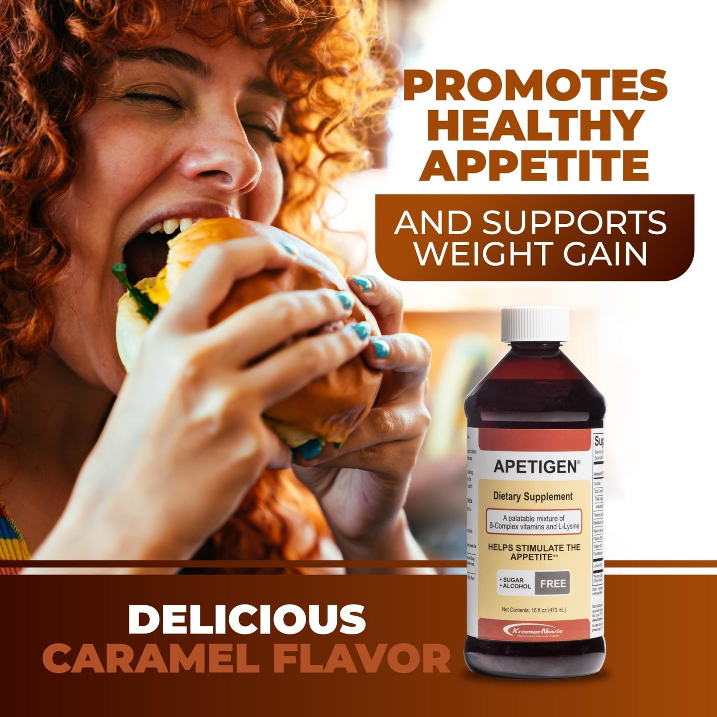 Apetigen Appetite Stimulant for Kids & Adults – Vitamin B-Complex with L-Lysine Liquid – Sugar Free Weight Gain Supplement for Picky Eaters – Caramel Flavor, 16oz - dailyvitalstore