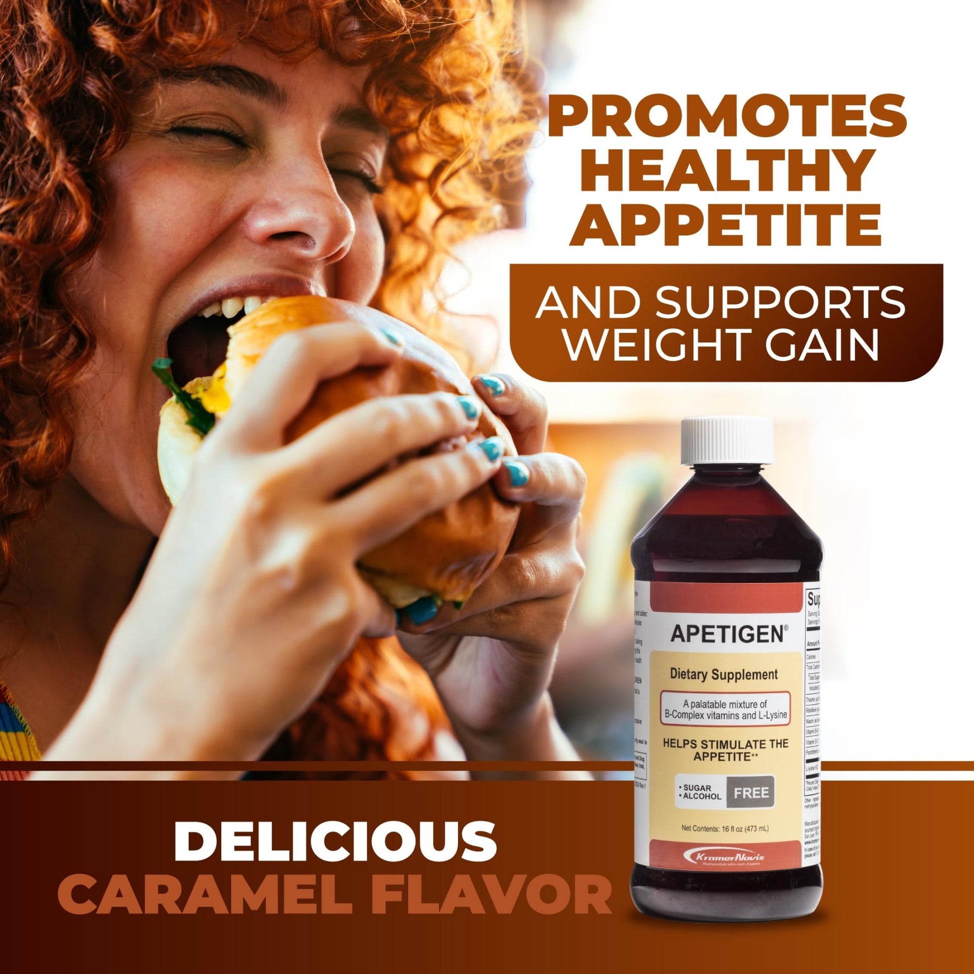 Apetigen Appetite Stimulant for Kids & Adults – Vitamin B-Complex with L-Lysine Liquid – Sugar Free Weight Gain Supplement for Picky Eaters – Caramel Flavor, 16oz - dailyvitalstore