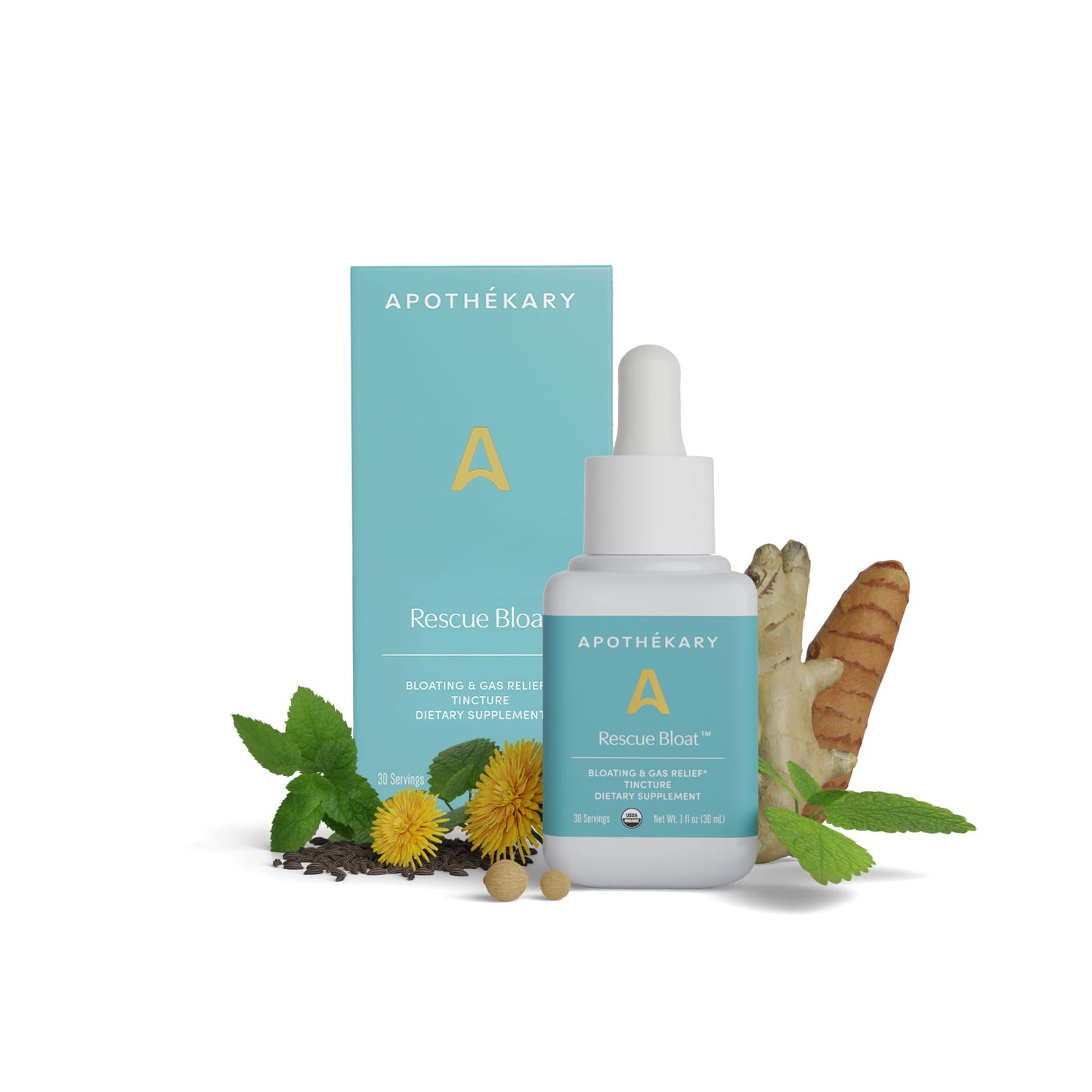 Apothékary Rescue Bloat, Fast-Acting Digestive Drops for Occasional Gas and Bloat Relief, Herbal Liquid Drops with Peppermint, Lemon Balm, Dandelion, Ginger, Turmeric, Made in USA, 1 fl oz 30 Servings - dailyvitalstore