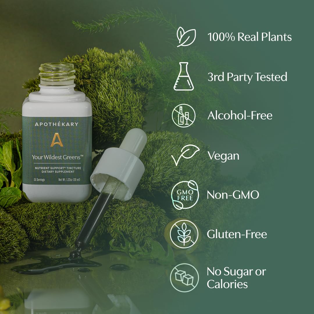 Apothékary Your Wildest Greens Herbal Liquid Drops, All-in-One Daily Superfood Supplement, Vitamin & Mineral Support, 5X Potency of Greens Powders, Sugar Free, Calorie Free, (15 Servings) 1.22oz - dailyvitalstore