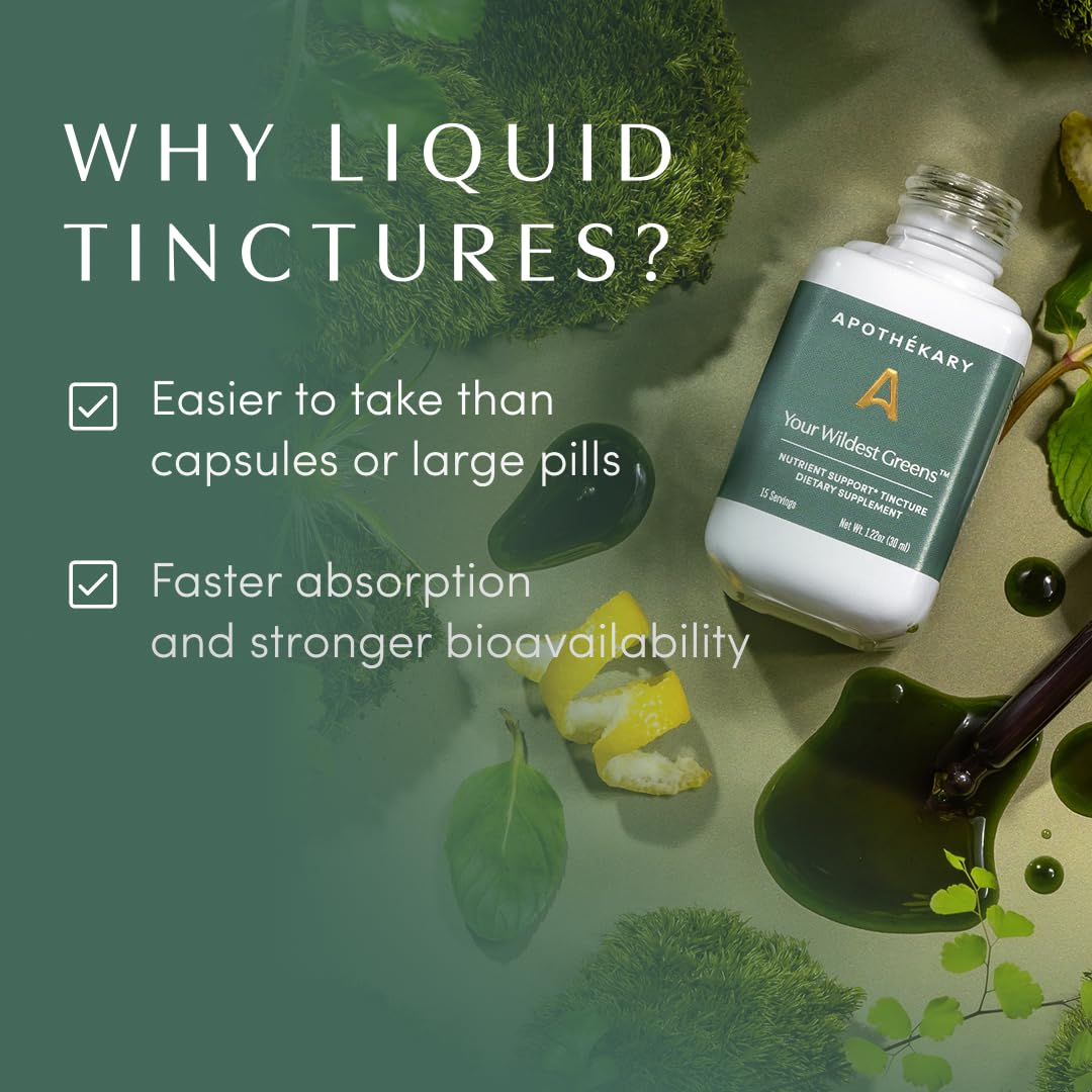Apothékary Your Wildest Greens Herbal Liquid Drops, All-in-One Daily Superfood Supplement, Vitamin & Mineral Support, 5X Potency of Greens Powders, Sugar Free, Calorie Free, (15 Servings) 1.22oz - dailyvitalstore