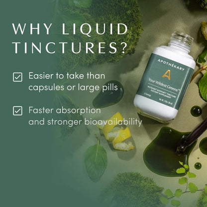 Apothékary Your Wildest Greens Herbal Liquid Drops, All-in-One Daily Superfood Supplement, Vitamin & Mineral Support, 5X Potency of Greens Powders, Sugar Free, Calorie Free, (15 Servings) 1.22oz - dailyvitalstore