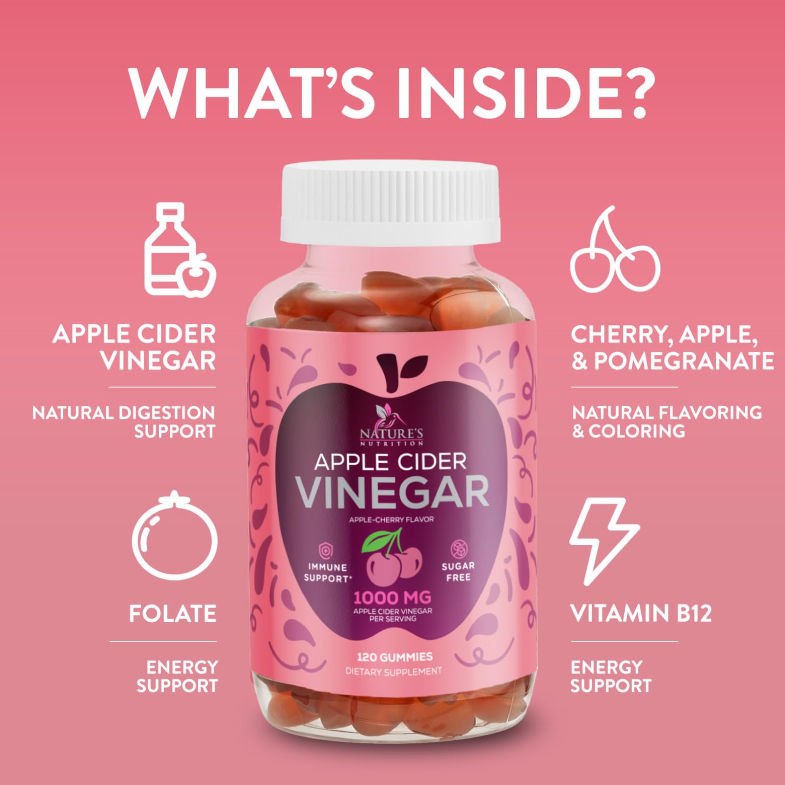Apple Cider Vinegar Gummies 1000mg Per Serving - Sugar Free ACV Gummy Vitamins Supplement - Vitamin B12 & B6 for Energy - Digestion, Detox & Cleanse Support, Vegan - dailyvitalstore