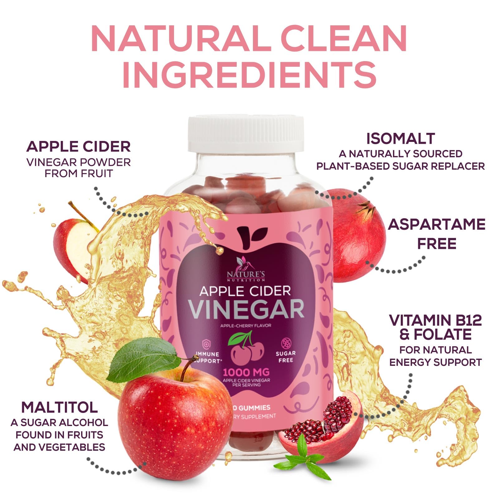 Apple Cider Vinegar Gummies 1000mg Per Serving - Sugar Free ACV Gummy Vitamins Supplement - Vitamin B12 & B6 for Energy - Digestion, Detox & Cleanse Support, Vegan - dailyvitalstore