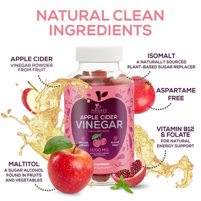 Apple Cider Vinegar Gummies 1000mg Per Serving - Sugar Free ACV Gummy Vitamins Supplement - Vitamin B12 & B6 for Energy - Digestion, Detox & Cleanse Support, Vegan - dailyvitalstore