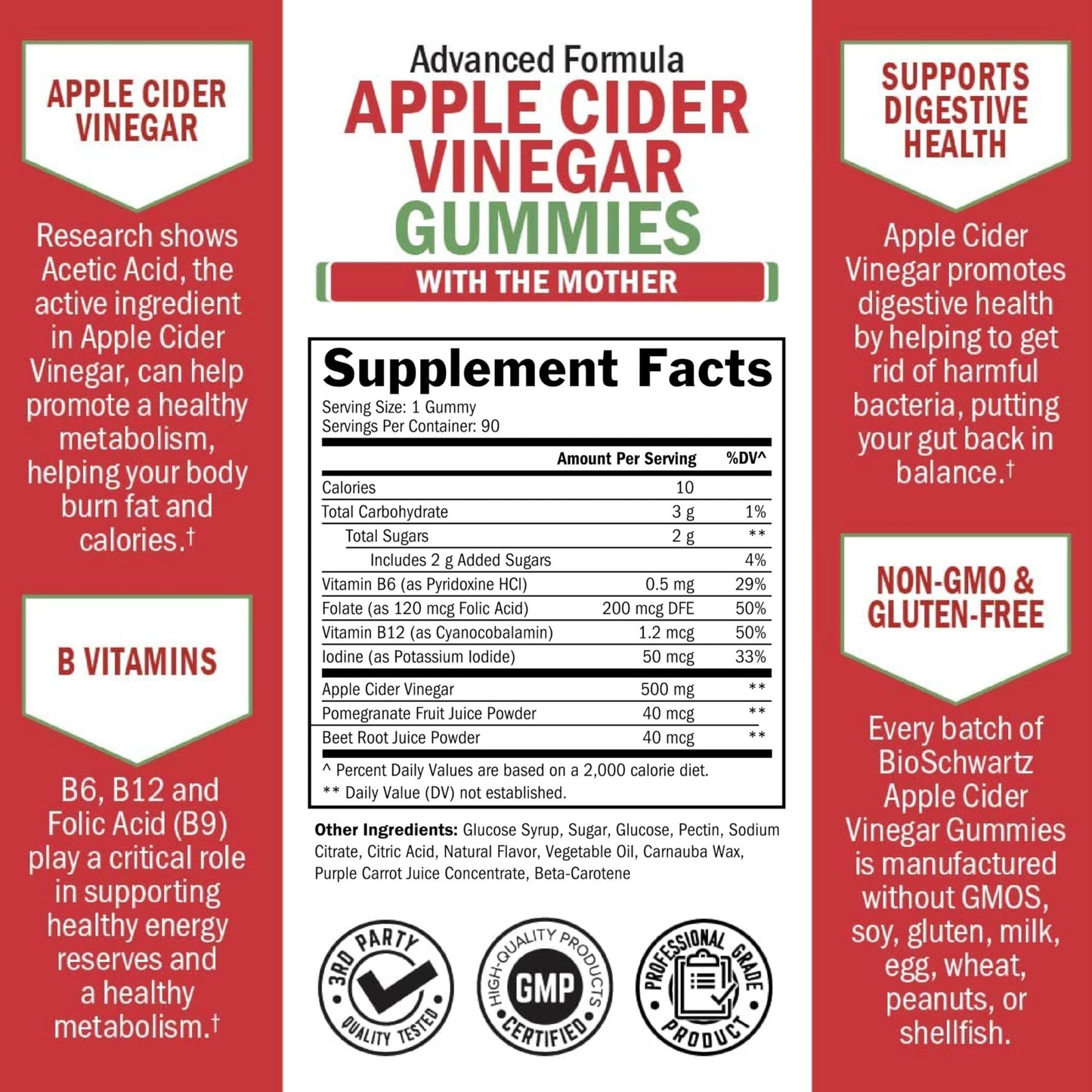Apple Cider Vinegar Gummies - ACV Gummies with The Mother for Women & Men - Energy Boost Bloat Digestive & Immune Support - Vitamin B12 B6 B 9 Folic Acid - dailyvitalstore