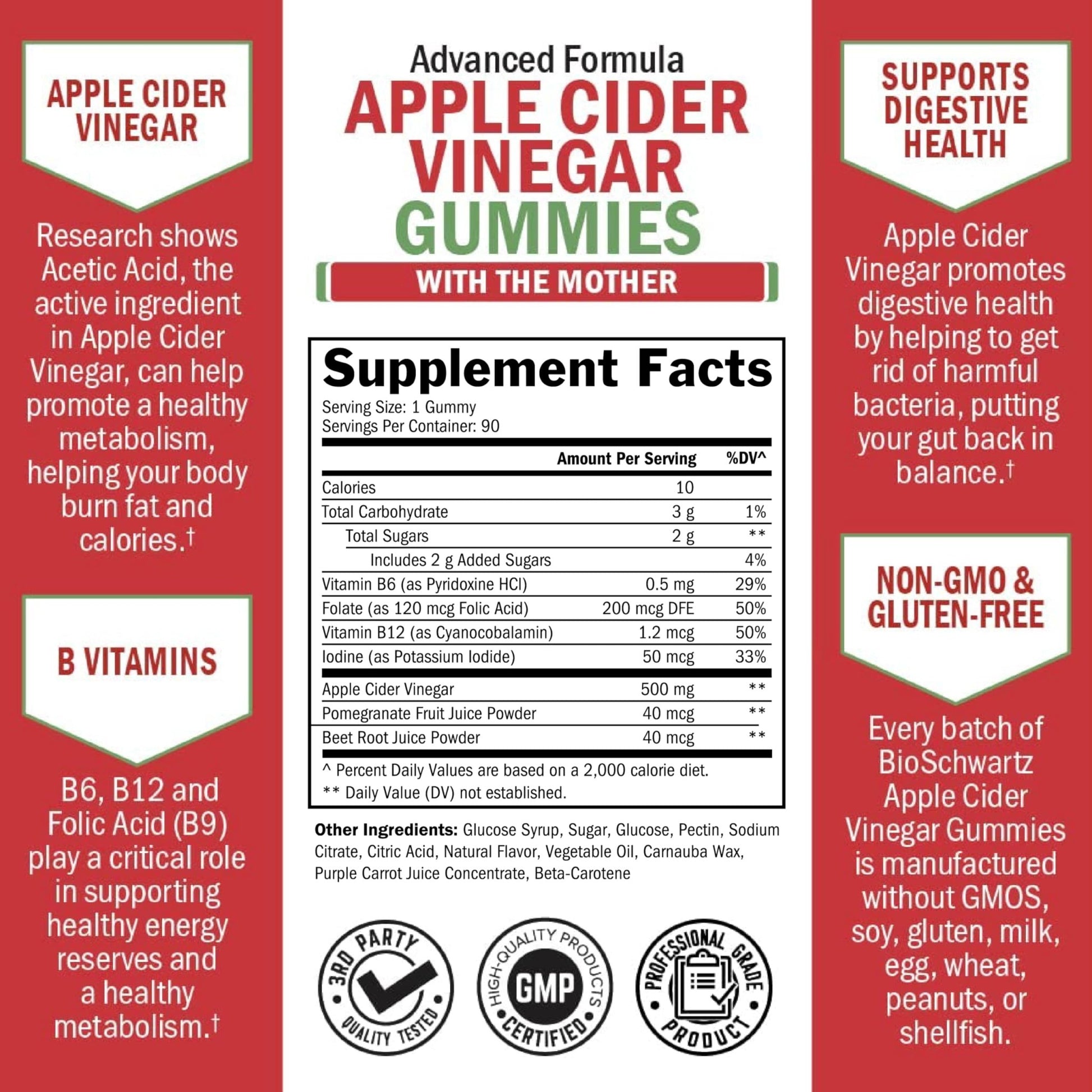 Apple Cider Vinegar Gummies - ACV Gummies with The Mother for Women & Men - Energy Boost Bloat Digestive & Immune Support - Vitamin B12 B6 B 9 Folic Acid - dailyvitalstore