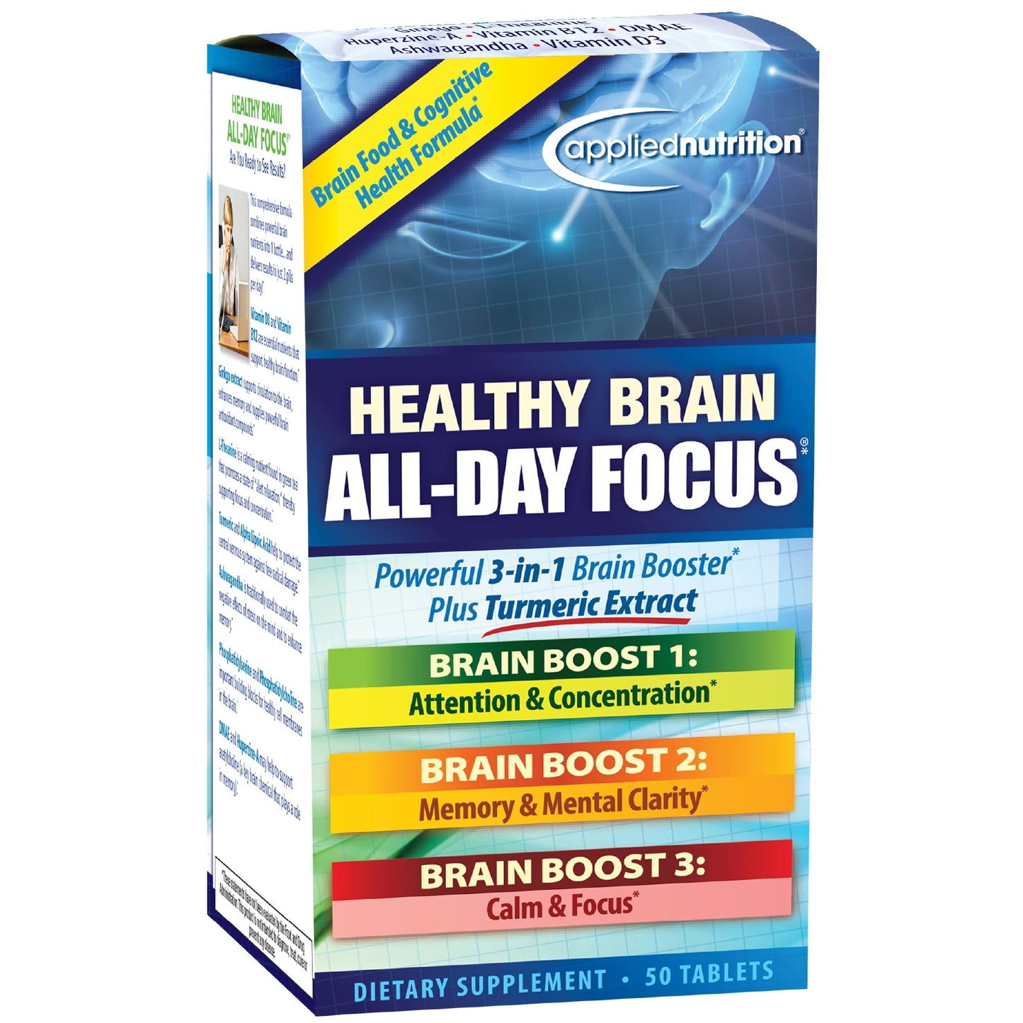 Applied Nutrition Healthy Brain All-Day Focus - 50 Tablets - Powerful 3-in-1 Brain Booster with Turmeric Extract - 25 Servings - dailyvitalstore