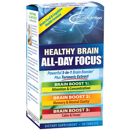 Applied Nutrition Healthy Brain All-Day Focus - 50 Tablets - Powerful 3-in-1 Brain Booster with Turmeric Extract - 25 Servings - dailyvitalstore