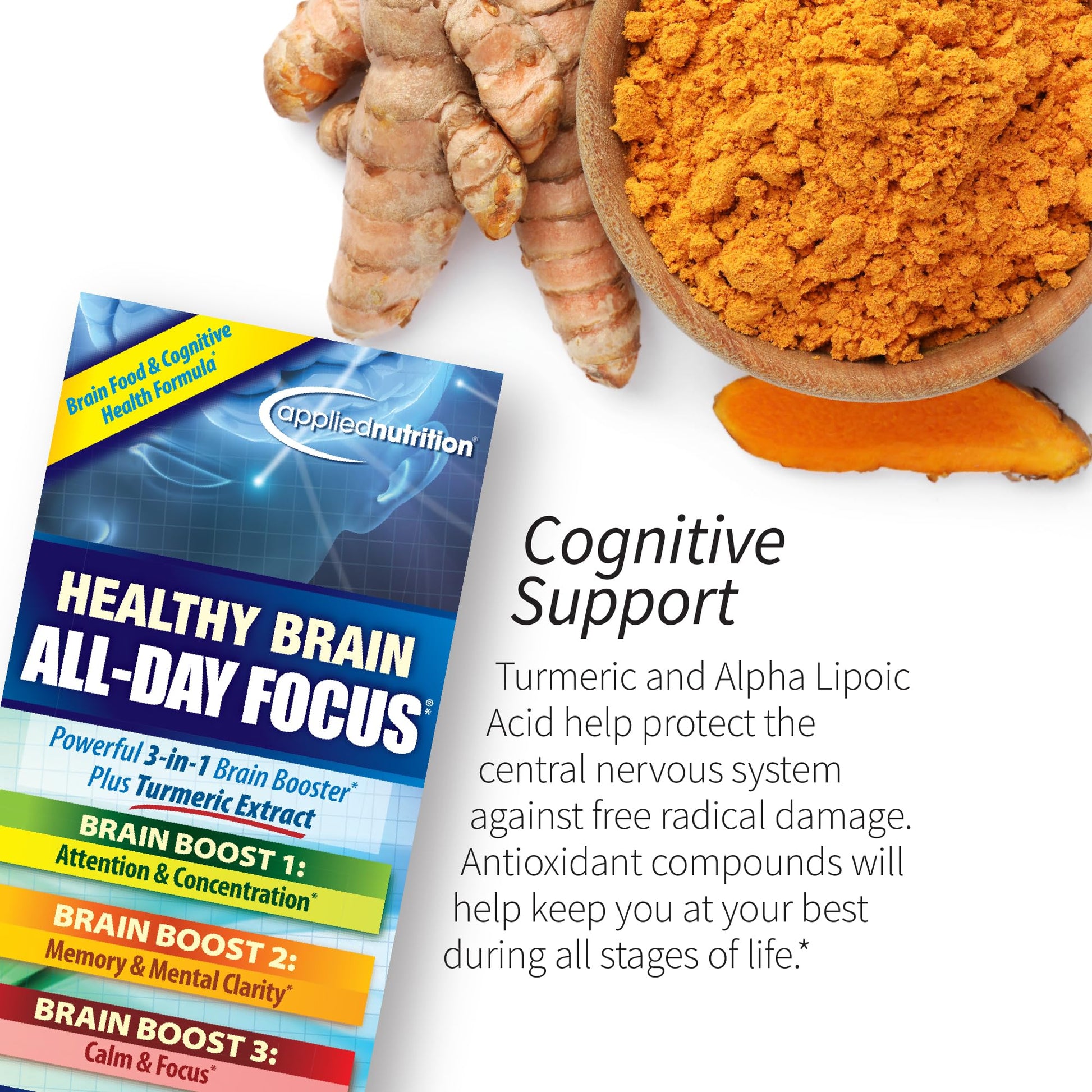 Applied Nutrition Healthy Brain All-Day Focus - 50 Tablets - Powerful 3-in-1 Brain Booster with Turmeric Extract - 25 Servings - dailyvitalstore