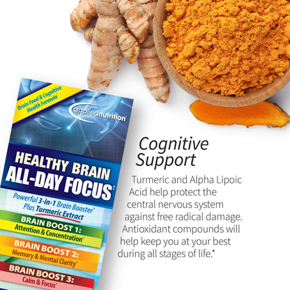 Applied Nutrition Healthy Brain All-Day Focus - 50 Tablets - Powerful 3-in-1 Brain Booster with Turmeric Extract - 25 Servings - dailyvitalstore