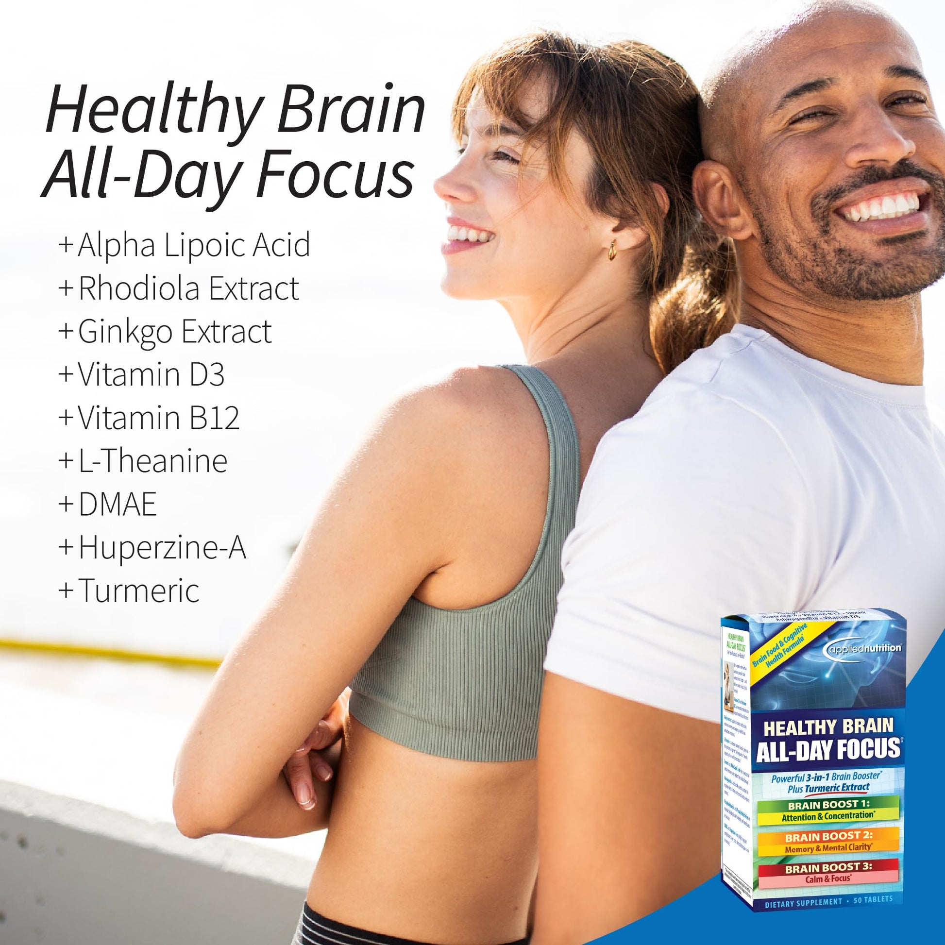 Applied Nutrition Healthy Brain All-Day Focus - 50 Tablets - Powerful 3-in-1 Brain Booster with Turmeric Extract - 25 Servings - dailyvitalstore