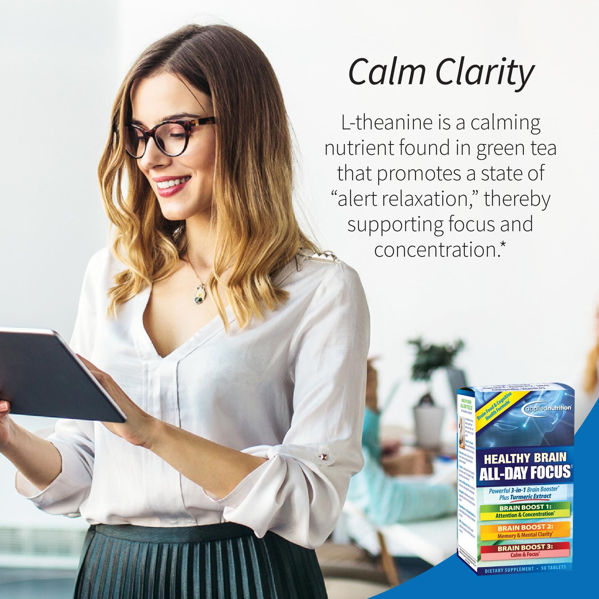 Applied Nutrition Healthy Brain All-Day Focus - 50 Tablets - Powerful 3-in-1 Brain Booster with Turmeric Extract - 25 Servings - dailyvitalstore