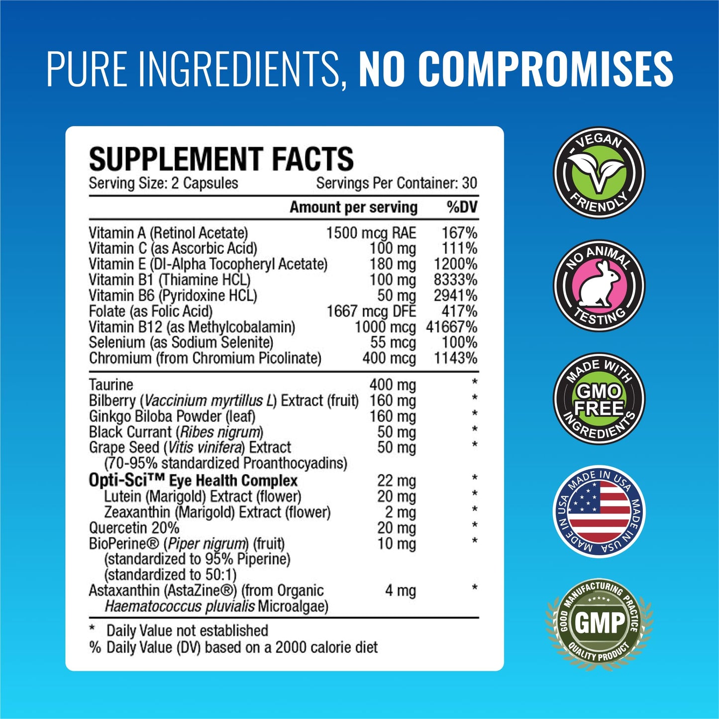 Approved Science EyeSyl - Eye Support Supplement - Chromium Picolinate, Taurine, Lutein, Zeaxanthin, Bilberry, BioPerine - 1 Month Supply - 60 Capsules - Made in The USA - dailyvitalstore
