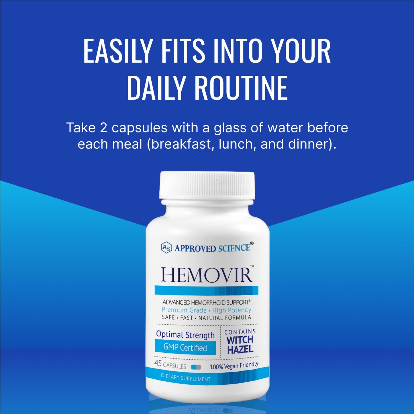 Approved Science Hemovir - Hemorrhoid Support Supplement - Witch Hazel, Horse Chestnut - 45 Capsules - 1 Bottle - Vegan - dailyvitalstore